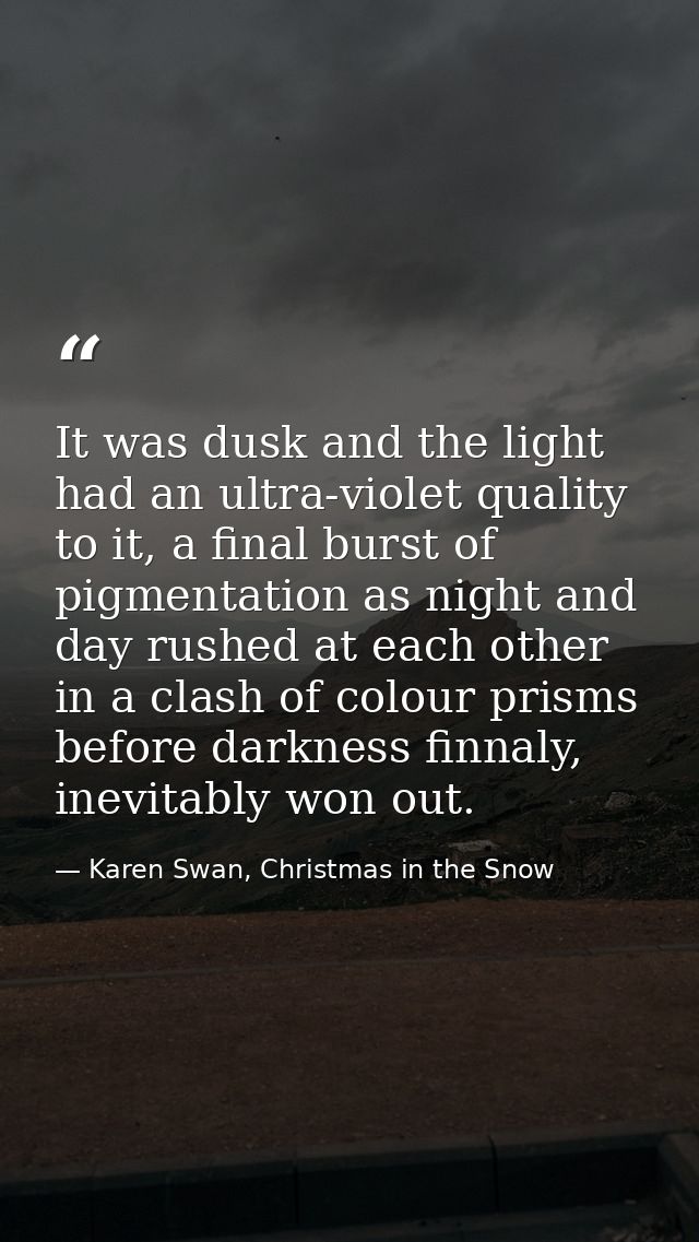 It was dusk and the light had an ultra-violet quality to it, a final burst of pigmentation as night and day rushed at ea — Karen Swan, Christmas in the Snow