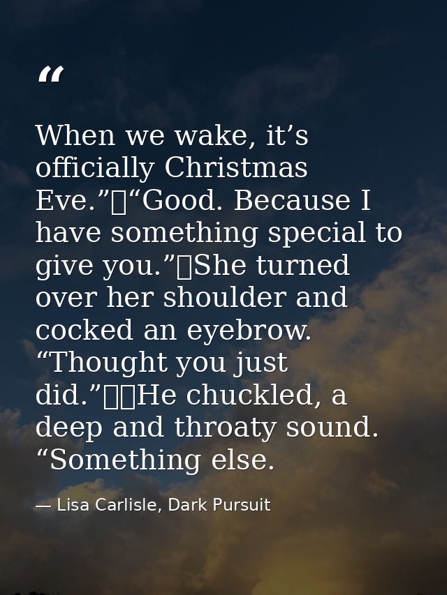 When we wake, it’s officially Christmas Eve.”	“Good. Because I have something special to give you.”	She turned over her  — Lisa Carlisle, Dark Pursuit