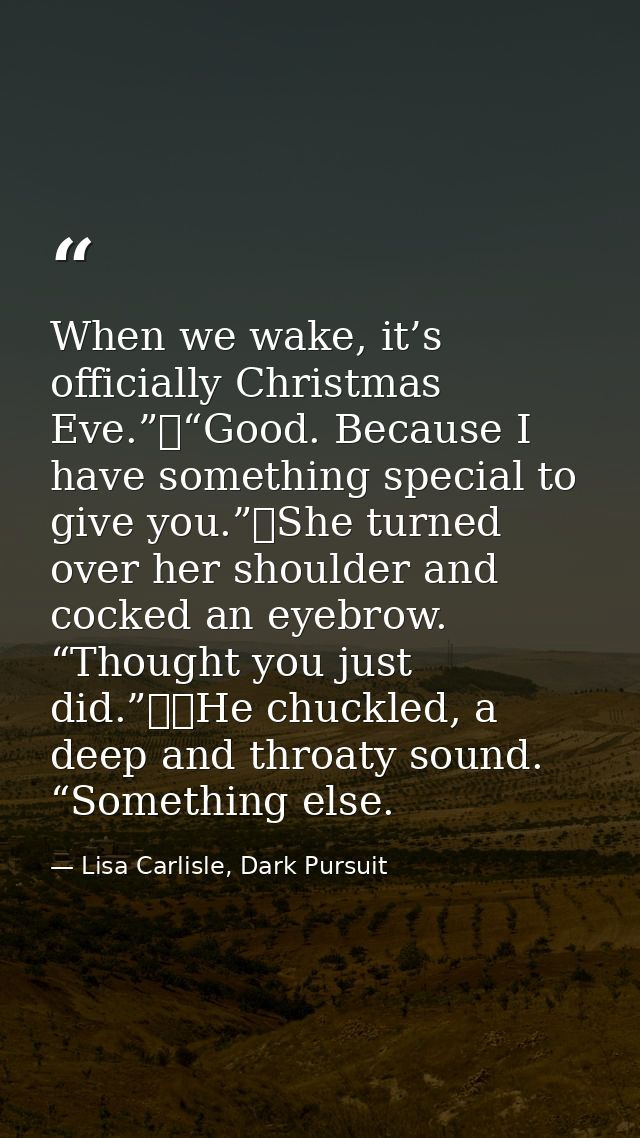 When we wake, it’s officially Christmas Eve.”	“Good. Because I have something special to give you.”	She turned over her  — Lisa Carlisle, Dark Pursuit