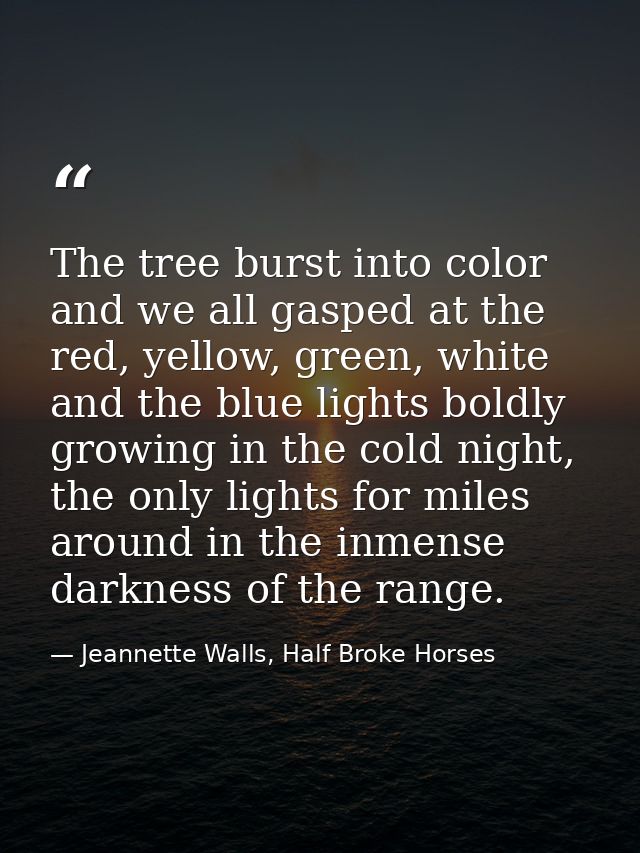 The tree burst into color and we all gasped at the red, yellow, green, white and the blue lights boldly growing in the c — Jeannette Walls, Half Broke Horses