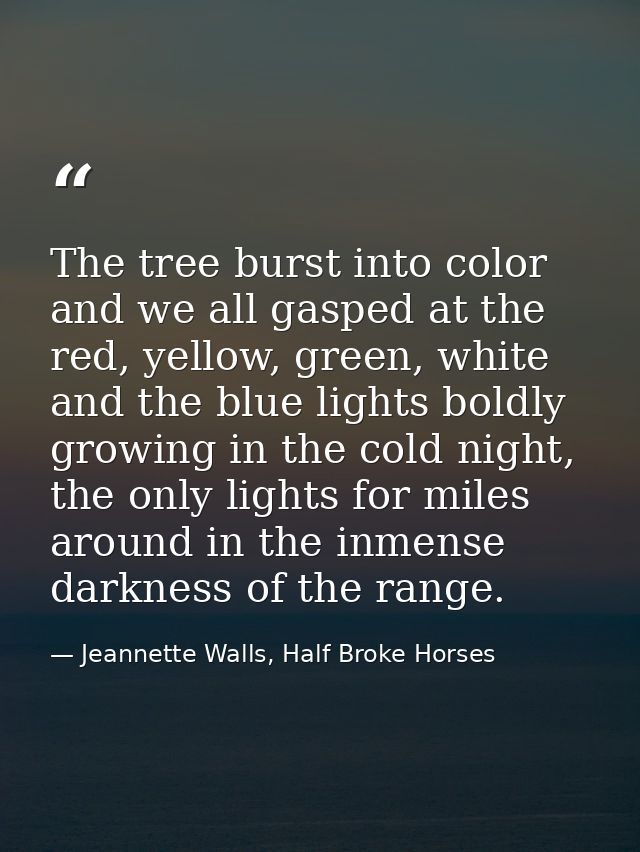 The tree burst into color and we all gasped at the red, yellow, green, white and the blue lights boldly growing in the c — Jeannette Walls, Half Broke Horses