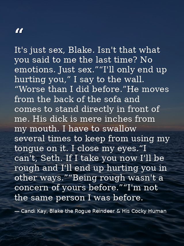 It's just sex, Blake. Isn't that what you said to me the last time? No emotions. Just sex.”“I'll only end up hurting you — Candi Kay, Blake the Rogue Reindeer & His Cocky Human