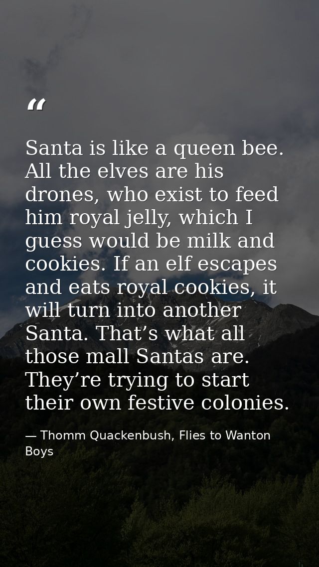 Santa is like a queen bee. All the elves are his drones, who exist to feed him royal jelly, which I guess would be milk  — Thomm Quackenbush, Flies to Wanton Boys