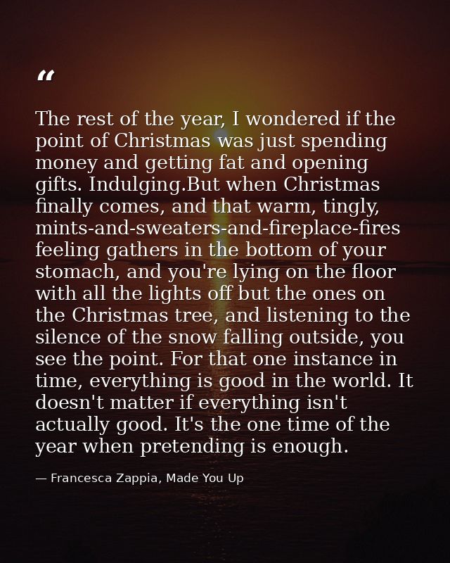The rest of the year, I wondered if the point of Christmas was just spending money and getting fat and opening gifts. In — Francesca Zappia, Made You Up