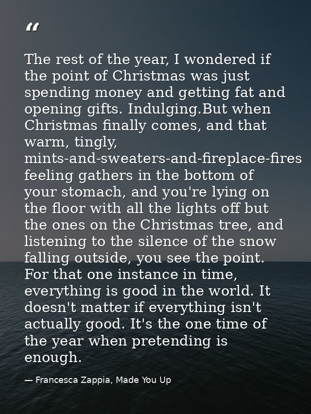 The rest of the year, I wondered if the point of Christmas was just spending money and getting fat and opening gifts. In — Francesca Zappia, Made You Up
