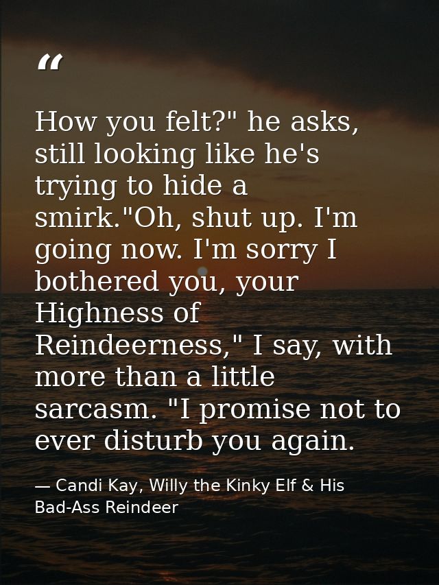 How you felt?" he asks, still looking like he's trying to hide a smirk."Oh, shut up. I'm going now. I'm sorry I bothered — Candi Kay, Willy the Kinky Elf & His Bad-Ass Reindeer