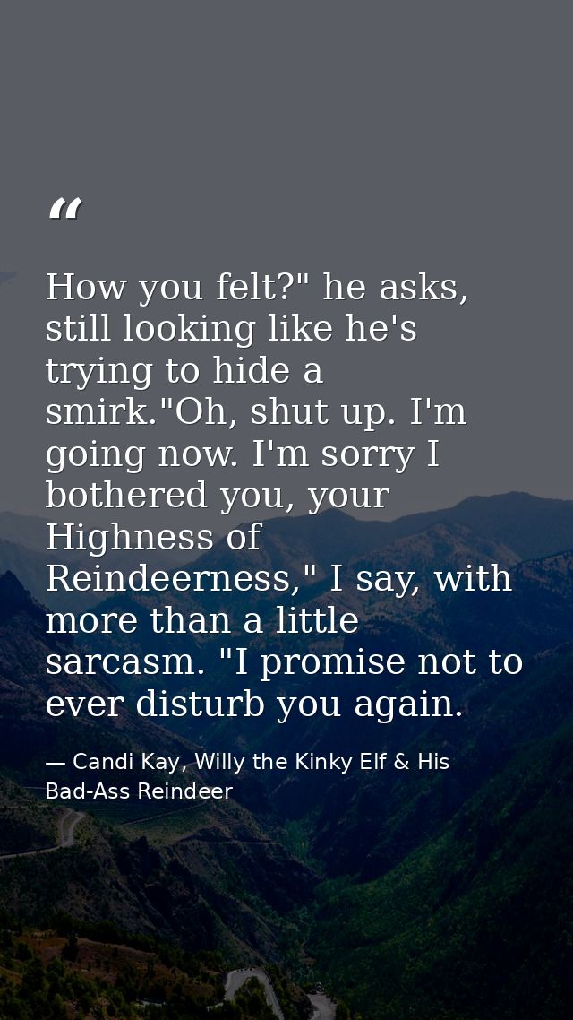 How you felt?" he asks, still looking like he's trying to hide a smirk."Oh, shut up. I'm going now. I'm sorry I bothered — Candi Kay, Willy the Kinky Elf & His Bad-Ass Reindeer