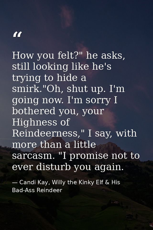 How you felt?" he asks, still looking like he's trying to hide a smirk."Oh, shut up. I'm going now. I'm sorry I bothered — Candi Kay, Willy the Kinky Elf & His Bad-Ass Reindeer