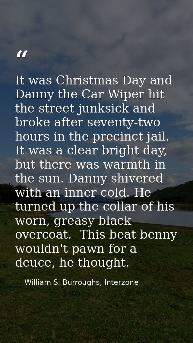 It was Christmas Day and Danny the Car Wiper hit the street junksick and broke after seventy-two hours in the precinct j — William S. Burroughs, Interzone