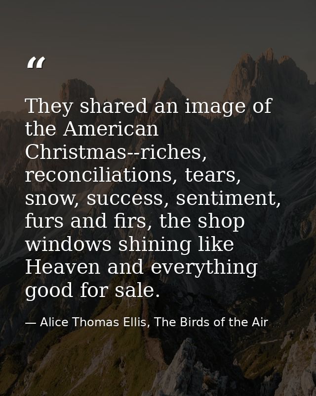 They shared an image of the American Christmas--riches, reconciliations, tears, snow, success, sentiment, furs and firs, — Alice Thomas Ellis, The Birds of the Air