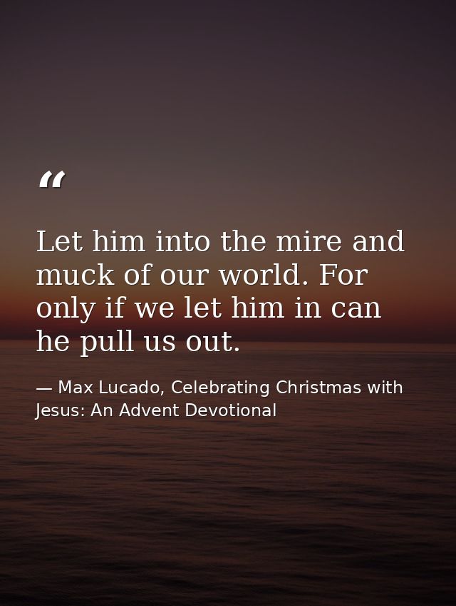 Let him into the mire and muck of our world. For only if we let him in can he pull us out. — Max Lucado, Celebrating Christmas with Jesus: An Advent Devotional