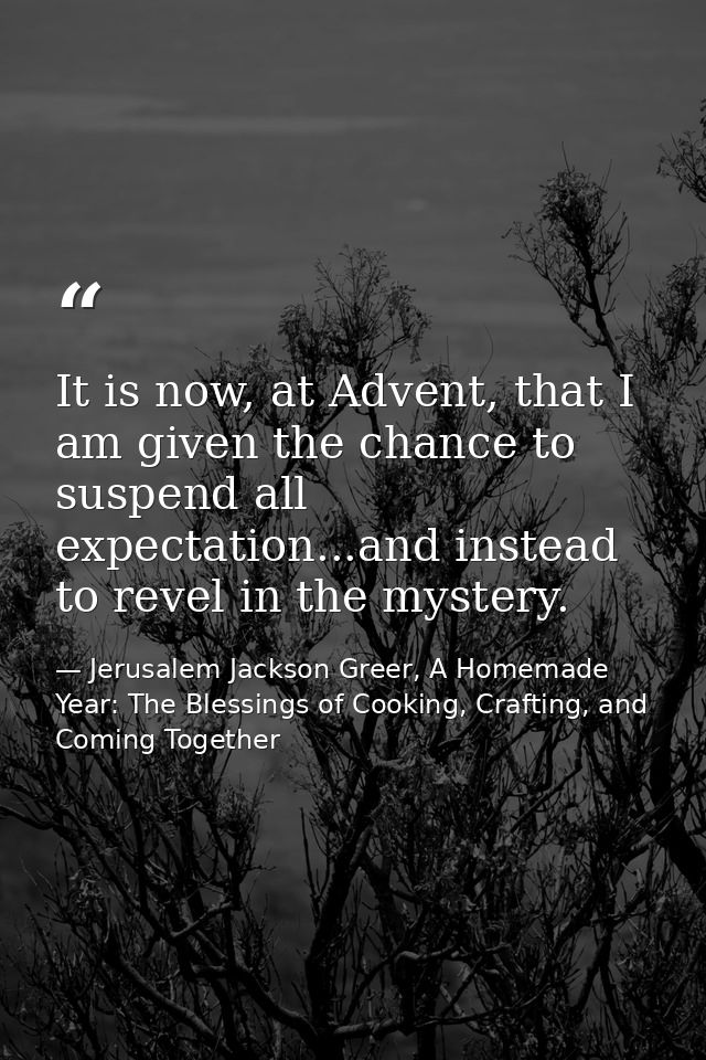 It is now, at Advent, that I am given the chance to suspend all expectation...and instead to revel in the mystery. — Jerusalem Jackson Greer, A Homemade Year: The Blessings of Cooking, Crafting, and Coming Together