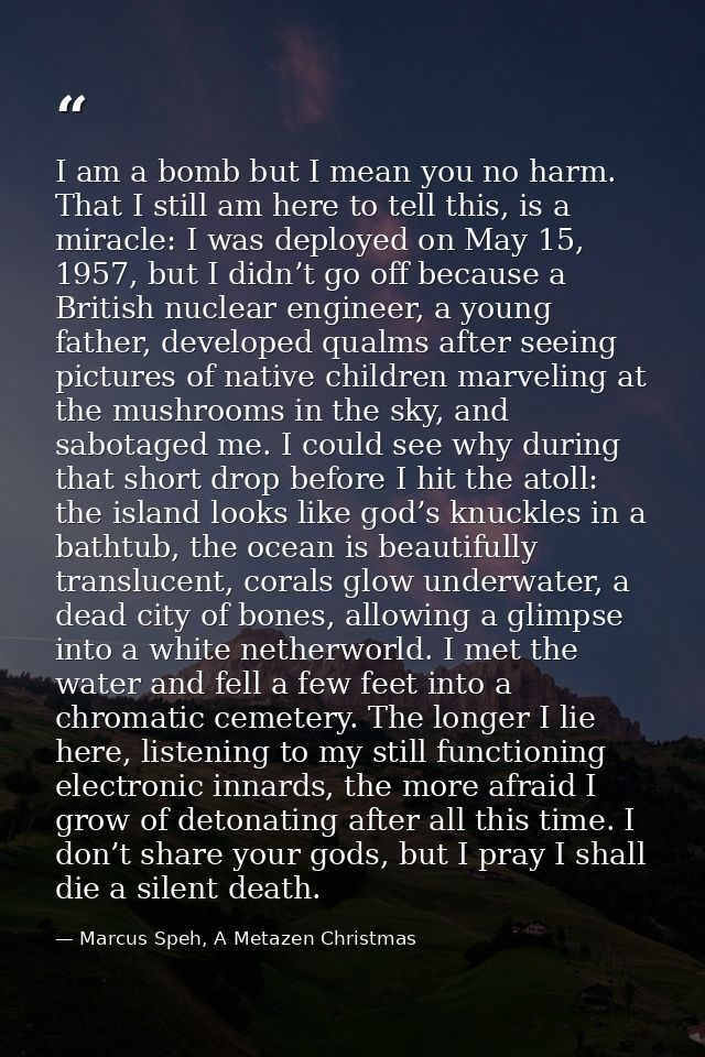 I am a bomb but I mean you no harm. That I still am here to tell this, is a miracle: I was deployed on May 15, 1957, but — Marcus Speh, A Metazen Christmas