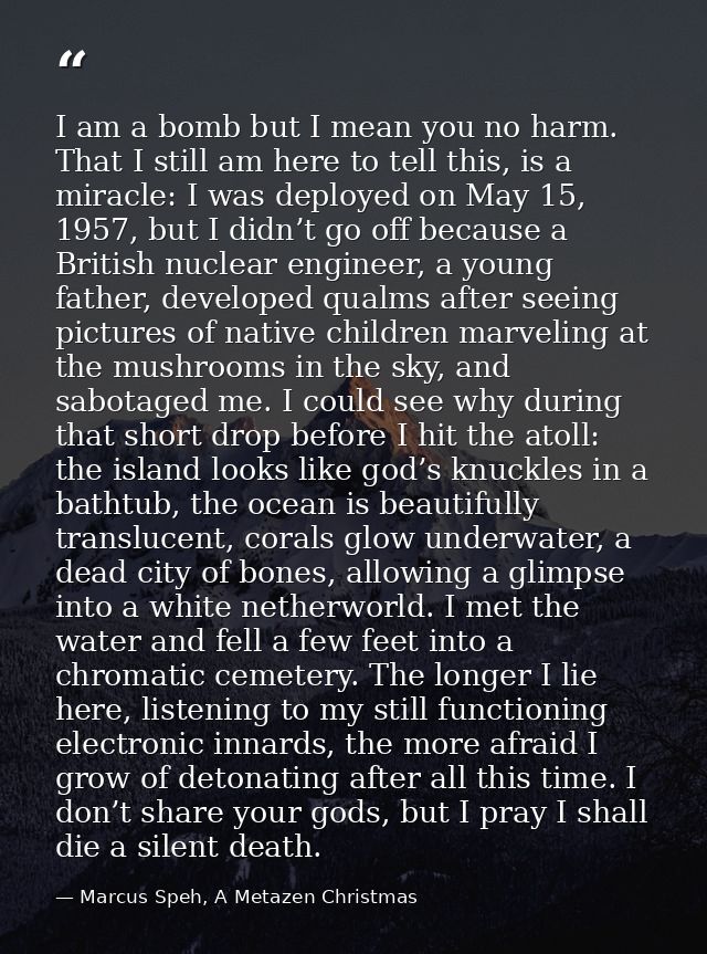 I am a bomb but I mean you no harm. That I still am here to tell this, is a miracle: I was deployed on May 15, 1957, but — Marcus Speh, A Metazen Christmas