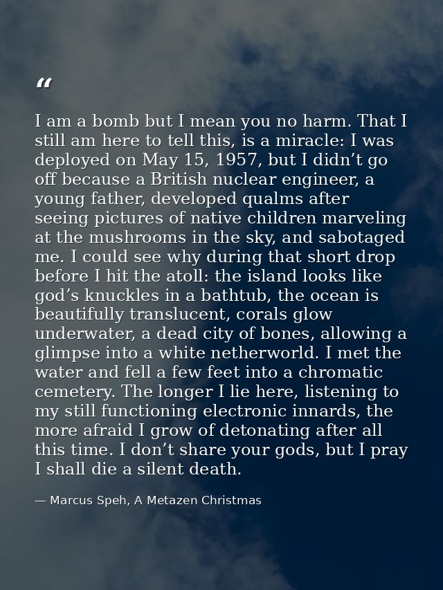 I am a bomb but I mean you no harm. That I still am here to tell this, is a miracle: I was deployed on May 15, 1957, but — Marcus Speh, A Metazen Christmas