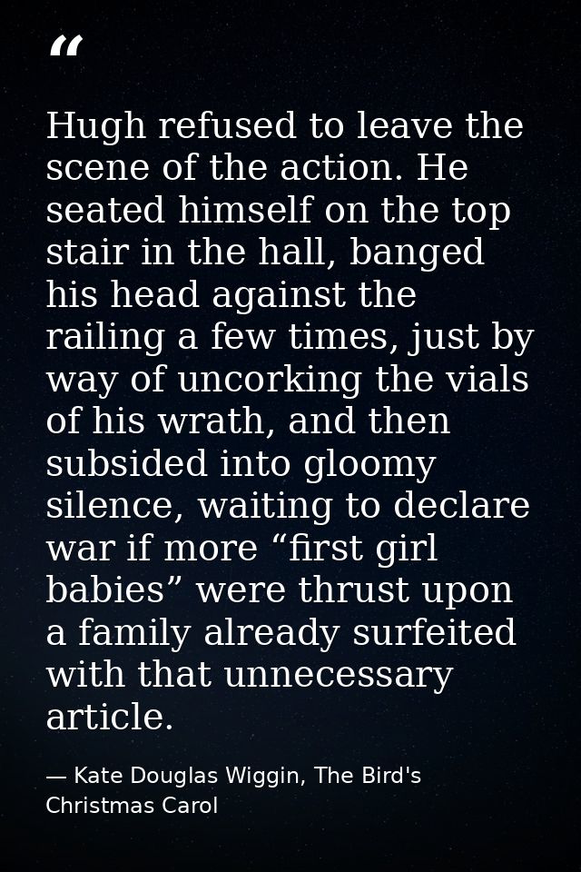Hugh refused to leave the scene of the action. He seated himself on the top stair in the hall, banged his head against t — Kate Douglas Wiggin, The Bird's Christmas Carol