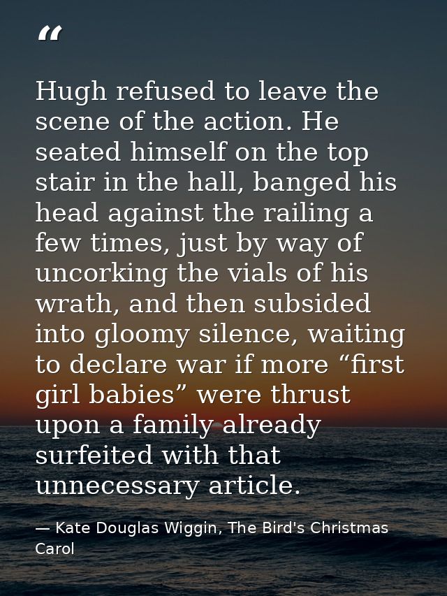 Hugh refused to leave the scene of the action. He seated himself on the top stair in the hall, banged his head against t — Kate Douglas Wiggin, The Bird's Christmas Carol