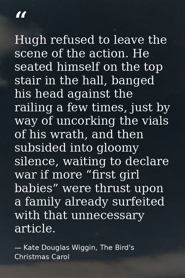 Hugh refused to leave the scene of the action. He seated himself on the top stair in the hall, banged his head against t — Kate Douglas Wiggin, The Bird's Christmas Carol