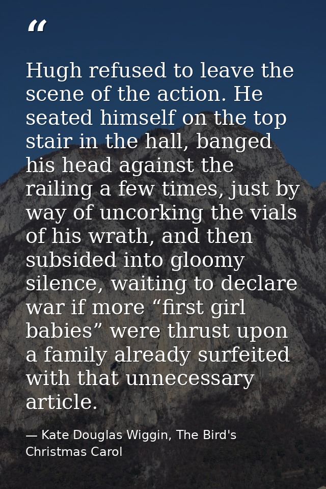 Hugh refused to leave the scene of the action. He seated himself on the top stair in the hall, banged his head against t — Kate Douglas Wiggin, The Bird's Christmas Carol
