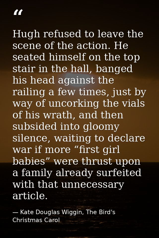 Hugh refused to leave the scene of the action. He seated himself on the top stair in the hall, banged his head against t — Kate Douglas Wiggin, The Bird's Christmas Carol