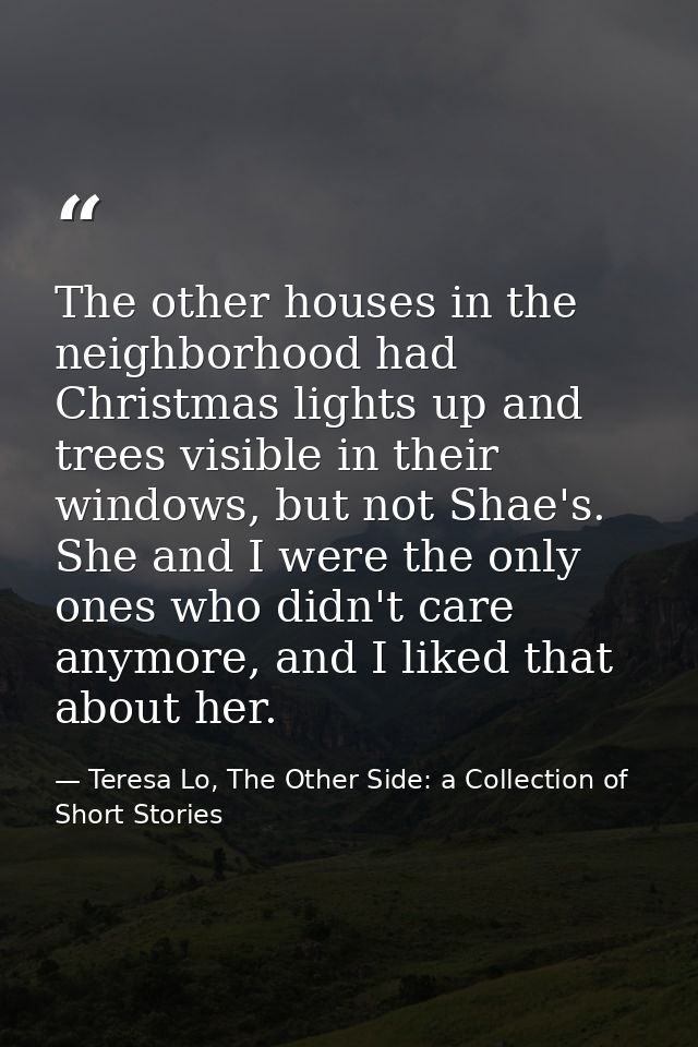 The other houses in the neighborhood had Christmas lights up and trees visible in their windows, but not Shae's. She and — Teresa Lo, The Other Side: a Collection of Short Stories
