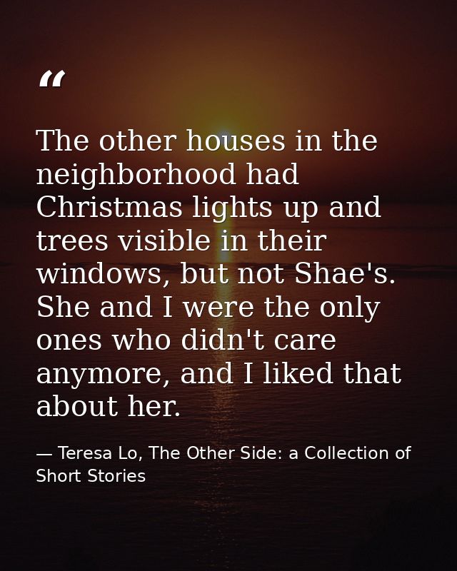 The other houses in the neighborhood had Christmas lights up and trees visible in their windows, but not Shae's. She and — Teresa Lo, The Other Side: a Collection of Short Stories