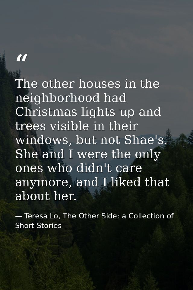 The other houses in the neighborhood had Christmas lights up and trees visible in their windows, but not Shae's. She and — Teresa Lo, The Other Side: a Collection of Short Stories