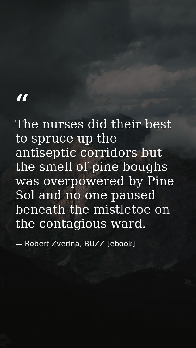 The nurses did their best to spruce up the antiseptic corridors but the smell of pine boughs was overpowered by Pine Sol — Robert Zverina, BUZZ [ebook]