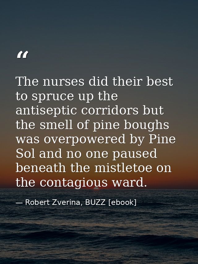 The nurses did their best to spruce up the antiseptic corridors but the smell of pine boughs was overpowered by Pine Sol — Robert Zverina, BUZZ [ebook]