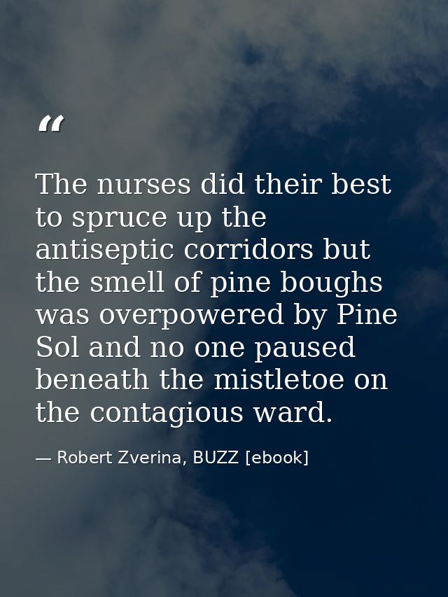 The nurses did their best to spruce up the antiseptic corridors but the smell of pine boughs was overpowered by Pine Sol — Robert Zverina, BUZZ [ebook]