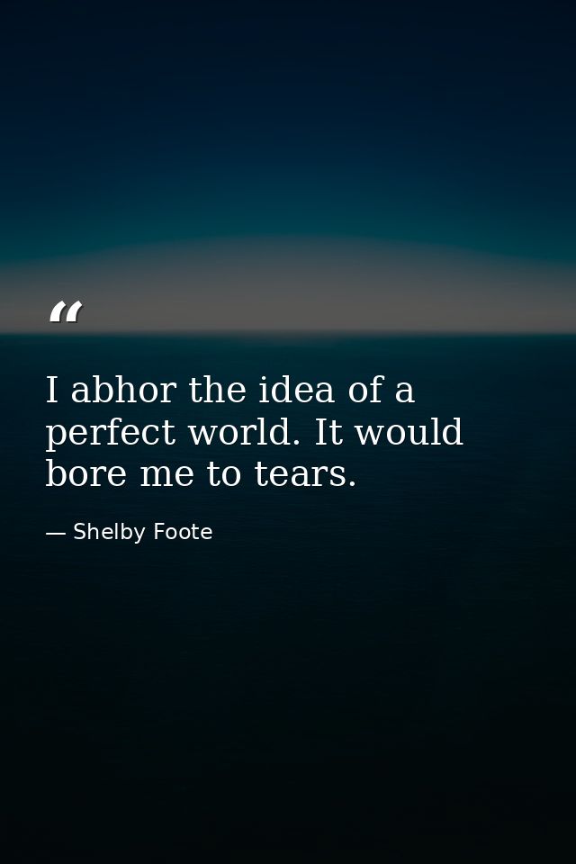 I abhor the idea of a perfect world. It would bore me to tears. — Shelby Foote