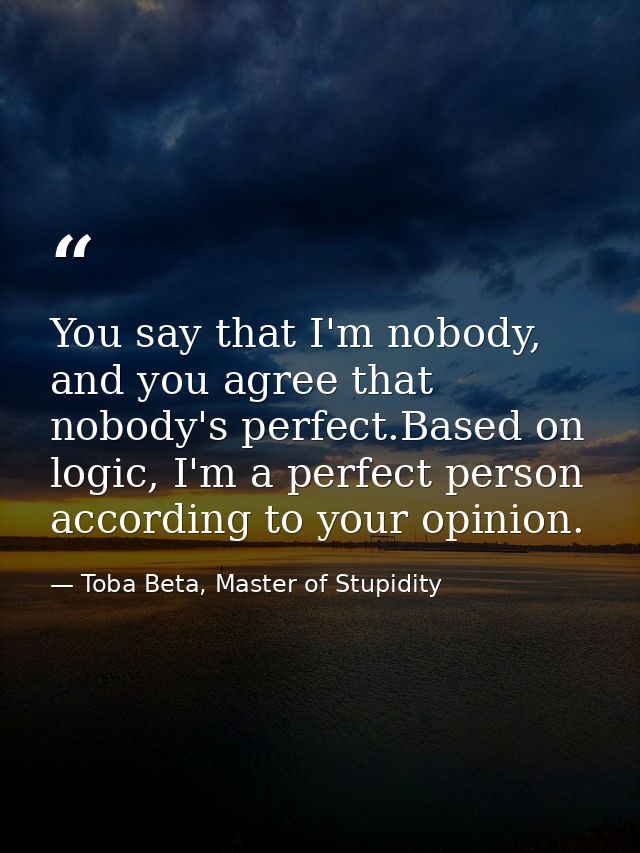 You say that I'm nobody, and you agree that nobody's perfect.Based on logic, I'm a perfect person according to your opin — Toba Beta, Master of Stupidity