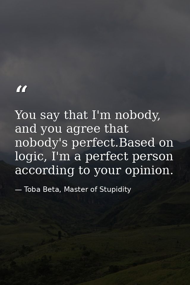 You say that I'm nobody, and you agree that nobody's perfect.Based on logic, I'm a perfect person according to your opin — Toba Beta, Master of Stupidity