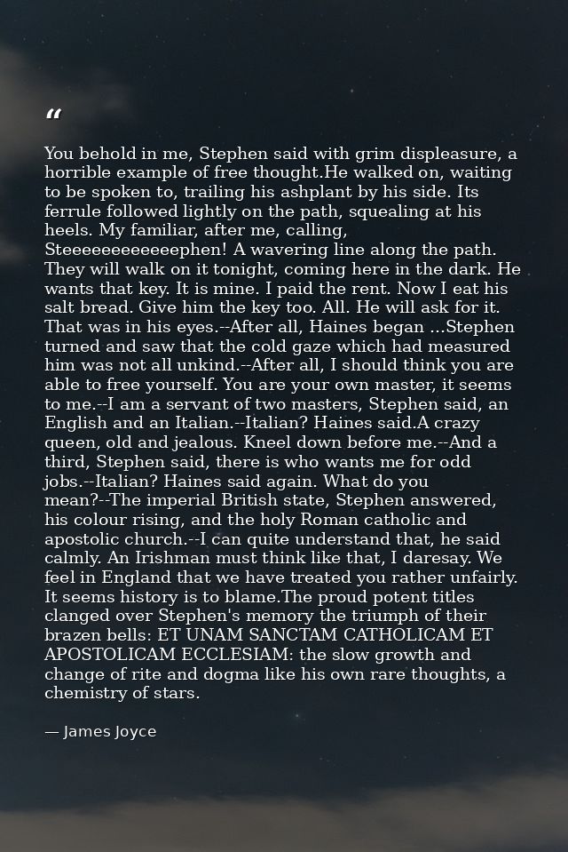 You behold in me, Stephen said with grim displeasure, a horrible example of free thought.He walked on, waiting to be spo — James Joyce