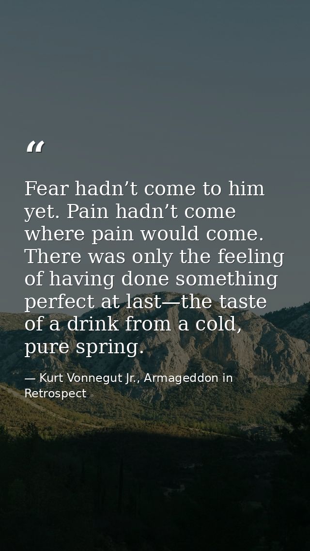 Fear hadn’t come to him yet. Pain hadn’t come where pain would come. There was only the feeling of having done something — Kurt Vonnegut Jr., Armageddon in Retrospect
