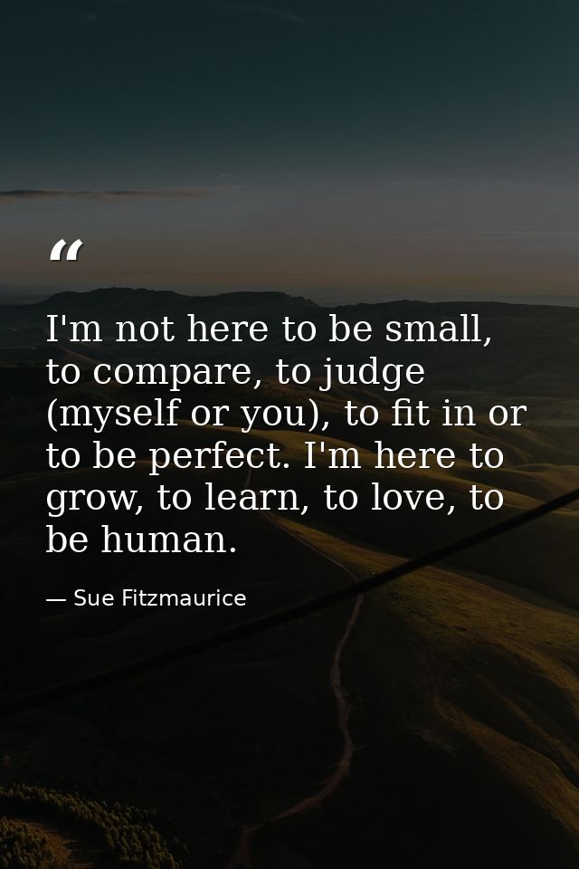 I'm not here to be small, to compare, to judge (myself or you), to fit in or to be perfect. I'm here to grow, to learn,  — Sue Fitzmaurice