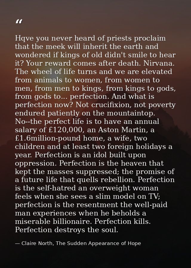 Hqve you never heard of priests proclaim that the meek will inherit the earth and wondered if kings of old didn't smile  — Claire North, The Sudden Appearance of Hope