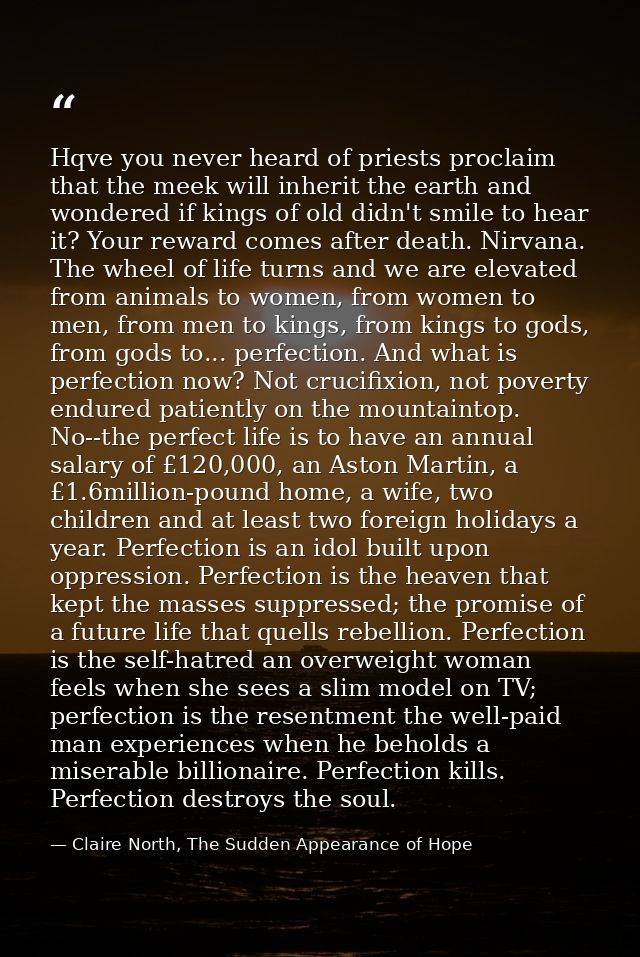 Hqve you never heard of priests proclaim that the meek will inherit the earth and wondered if kings of old didn't smile  — Claire North, The Sudden Appearance of Hope