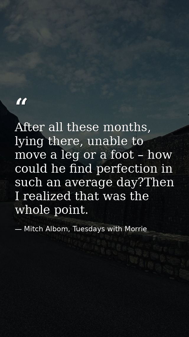 After all these months, lying there, unable to move a leg or a foot – how could he find perfection in such an average da — Mitch Albom, Tuesdays with Morrie