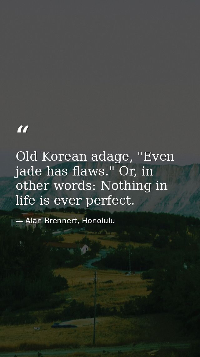 Old Korean adage, "Even jade has flaws." Or, in other words: Nothing in life is ever perfect. — Alan Brennert, Honolulu