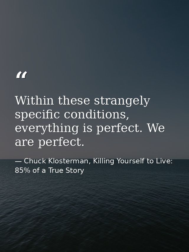 Within these strangely specific conditions, everything is perfect. We are perfect. — Chuck Klosterman, Killing Yourself to Live: 85% of a True Story