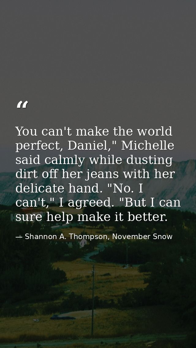 You can't make the world perfect, Daniel," Michelle said calmly while dusting dirt off her jeans with her delicate hand. — Shannon A. Thompson, November Snow