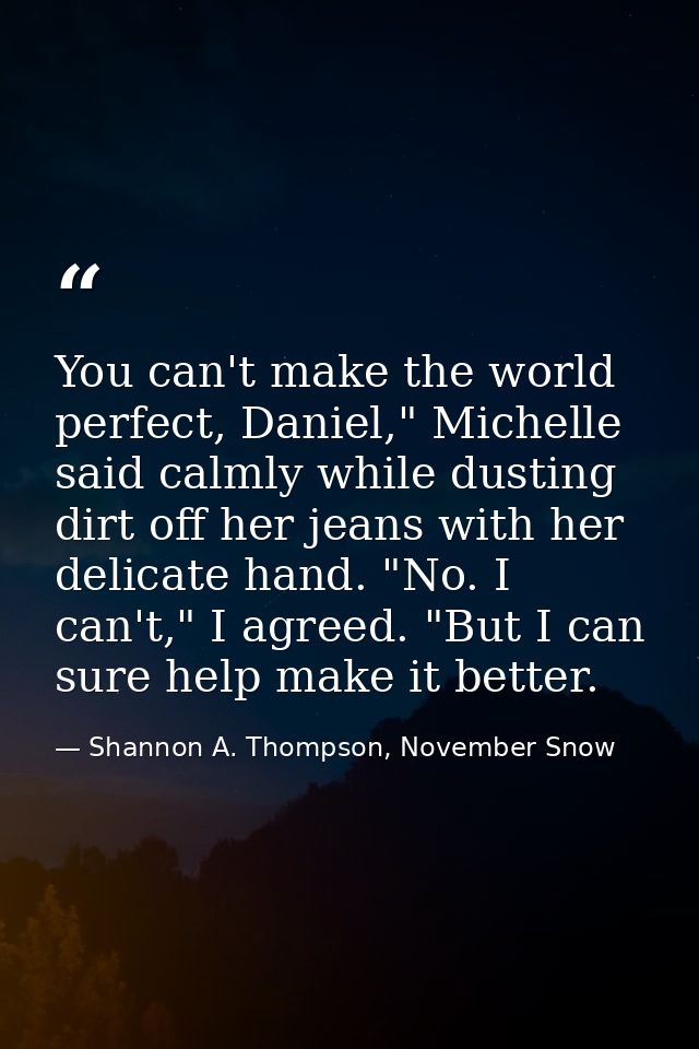You can't make the world perfect, Daniel," Michelle said calmly while dusting dirt off her jeans with her delicate hand. — Shannon A. Thompson, November Snow