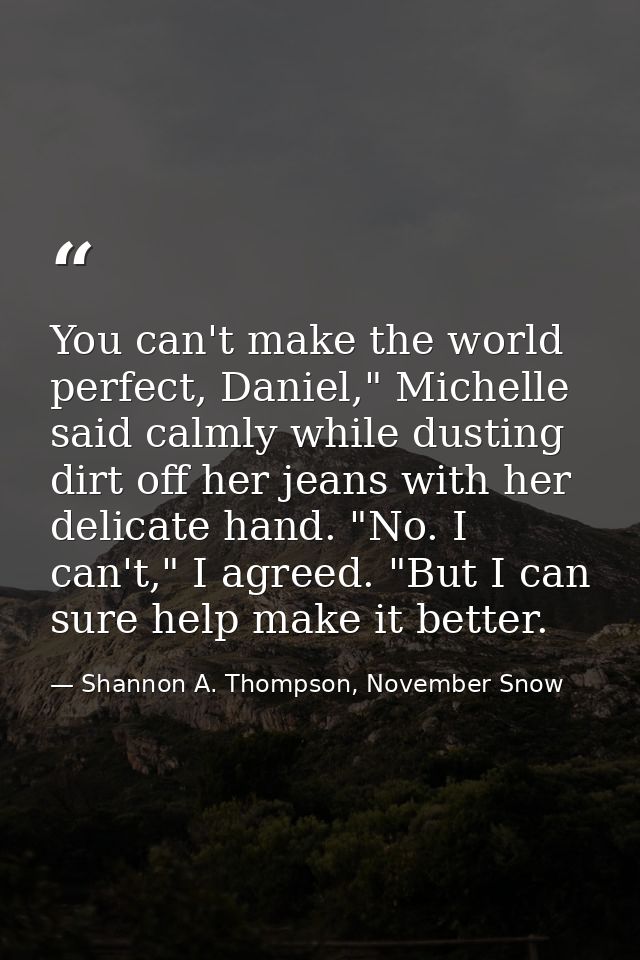 You can't make the world perfect, Daniel," Michelle said calmly while dusting dirt off her jeans with her delicate hand. — Shannon A. Thompson, November Snow