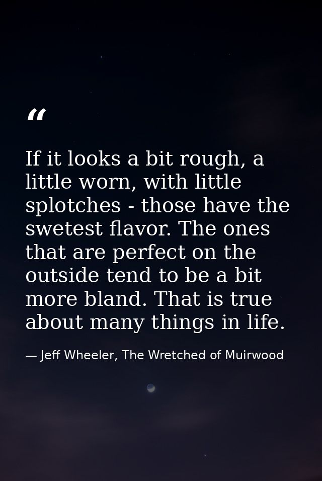If it looks a bit rough, a little worn, with little splotches - those have the swetest flavor. The ones that are perfect — Jeff Wheeler, The Wretched of Muirwood