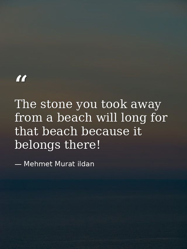 The stone you took away from a beach will long for that beach because it belongs there! — Mehmet Murat ildan
