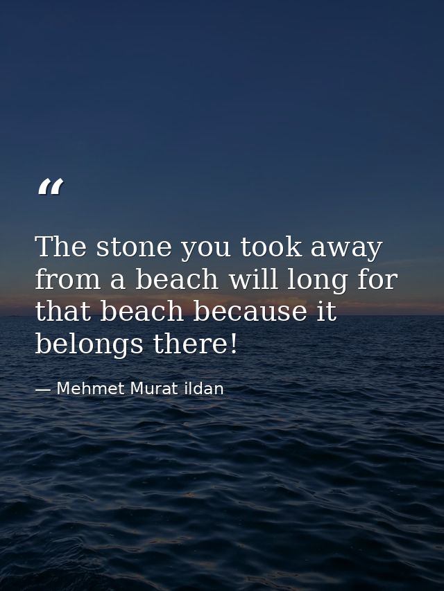 The stone you took away from a beach will long for that beach because it belongs there! — Mehmet Murat ildan