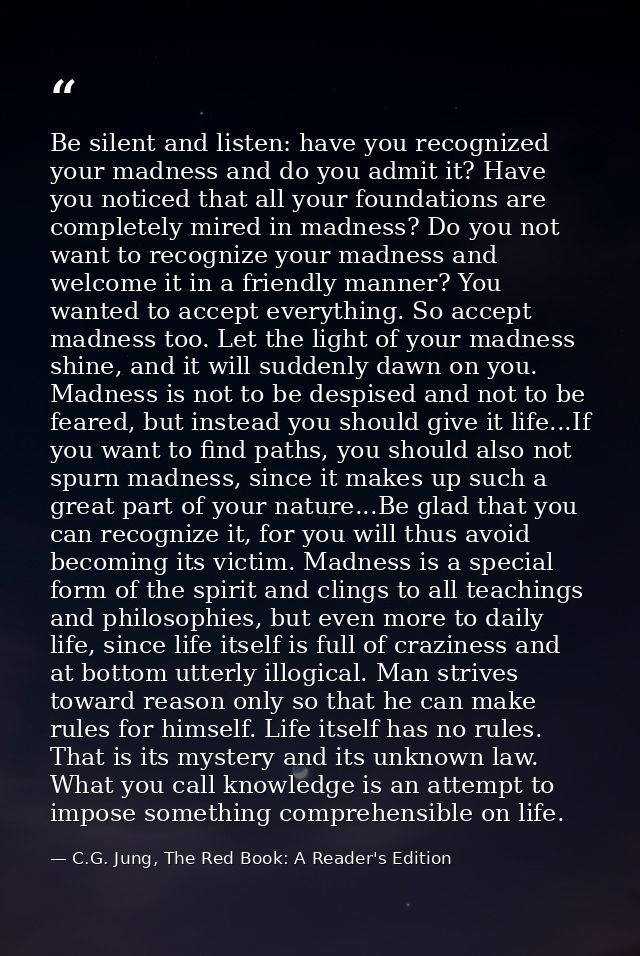 Be silent and listen: have you recognized your madness and do you admit it? Have you noticed that all your foundations a — C.G. Jung, The Red Book: A Reader's Edition