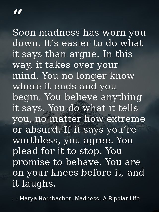 Soon madness has worn you down. It’s easier to do what it says than argue. In this way, it takes over your mind. You no  — Marya Hornbacher, Madness: A Bipolar Life