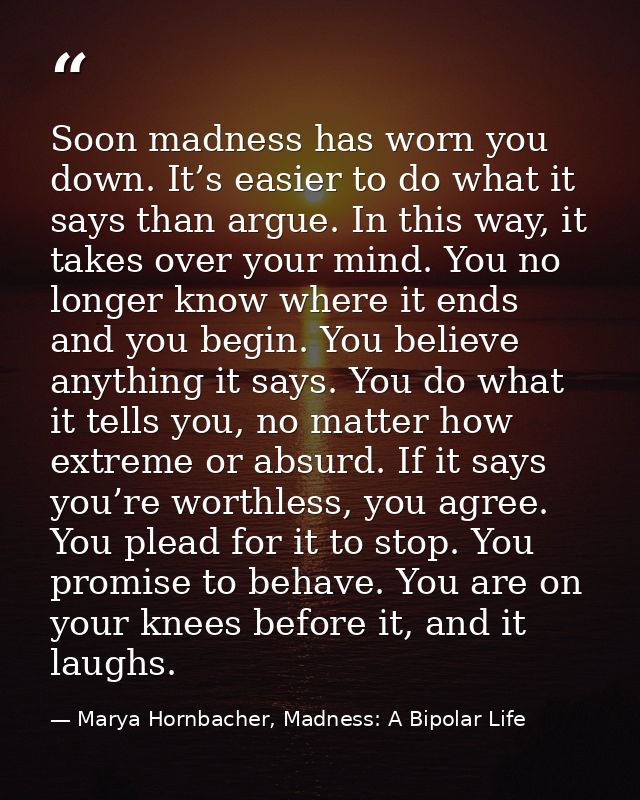Soon madness has worn you down. It’s easier to do what it says than argue. In this way, it takes over your mind. You no  — Marya Hornbacher, Madness: A Bipolar Life